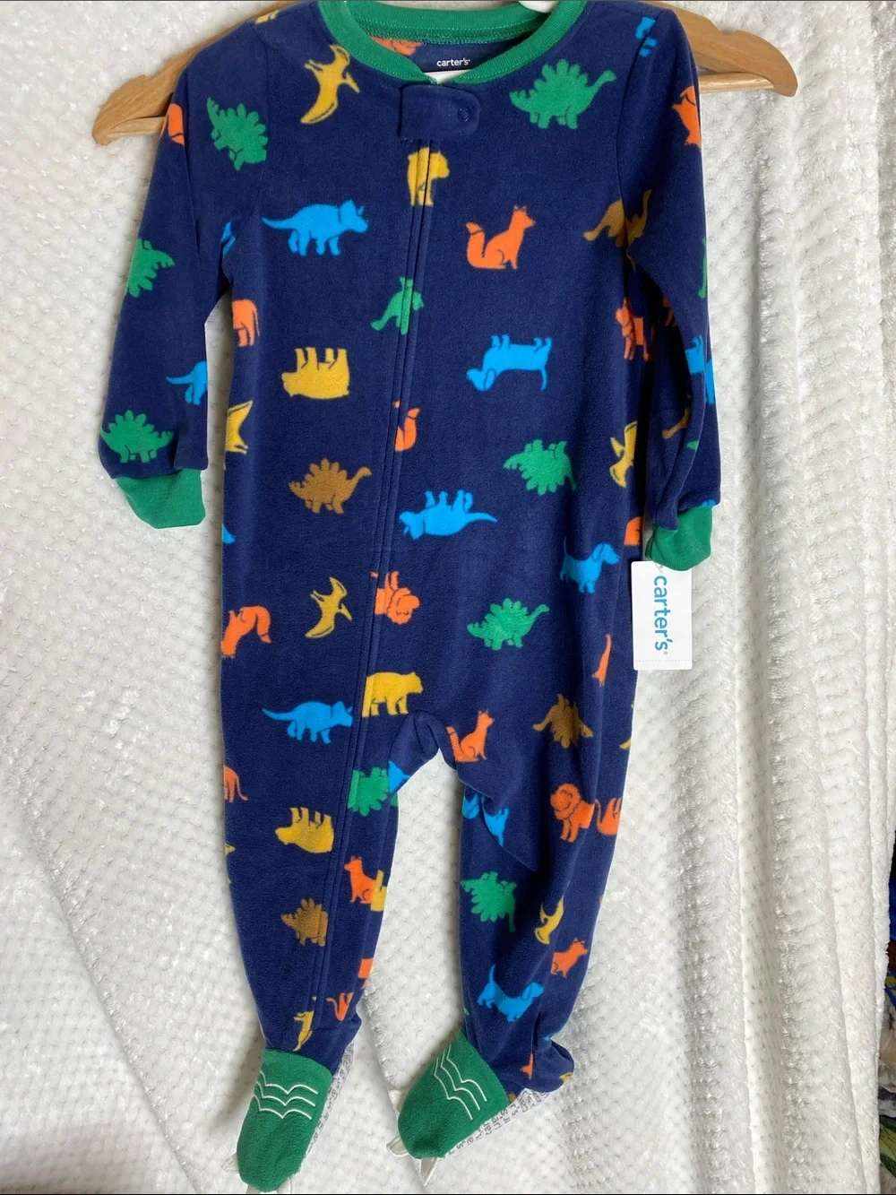 Carter's Navy Blue Fleece Dino Footed One-Piece with Green Trim